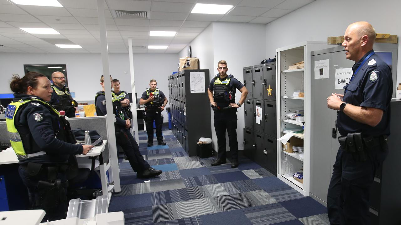 Acting Senior Sergeant Fletcher Pearson gives a briefing before officers hit the road. Picture: Alan Barber