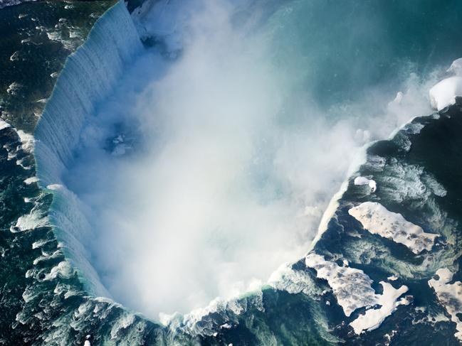 An aerial shot of the Canadian section of Niagara Falls, also known as Horseshoe Falls, with snow still present in early spring. Picture: Supplied