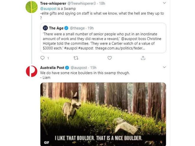 Australia Post social media staffer Liam talks up the boulders in a cheeky Twitter reply.