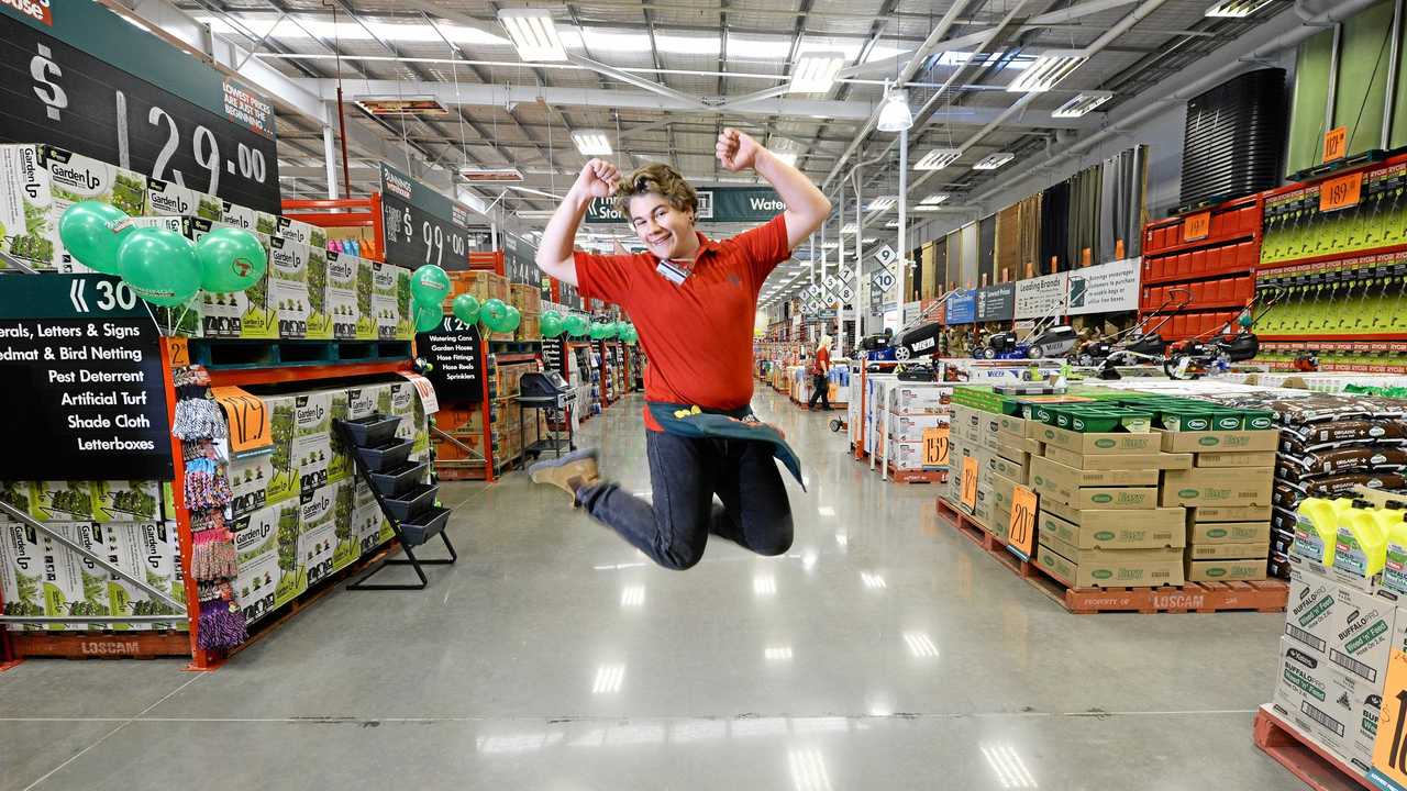 Team member Ben Westwood jumps for joy at the launch of Springfield Central Bunnings.Photo: Rob Williams / The Queensland Times. Picture: Rob Williams