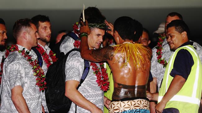 All Black Dan Carter is welcomed at Faleolo Airport in Apia, Samoa.