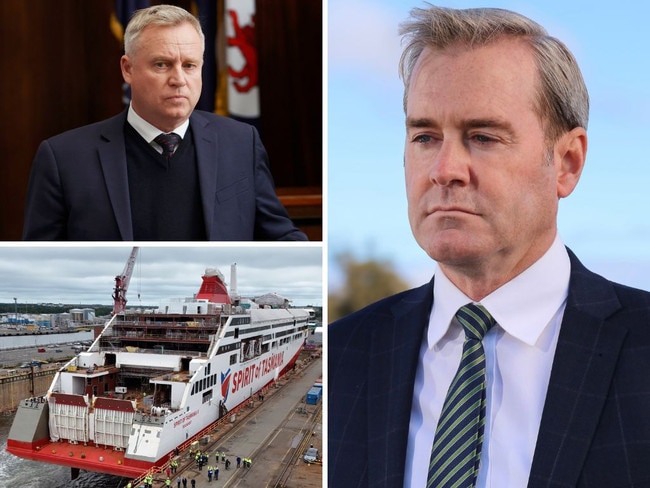 Clockwise from right: Tasmanian Treasurer Michael Ferguson, the Spirit of Tasmania V, Premier Jeremy Rockliff. Picture: Stephanie Dalton/Nikki Davis-Jones