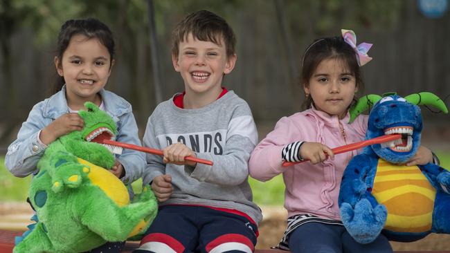 Glenroy Kindergarten students Amelia, Toby and Razanne. Picture: Andy Brownbill