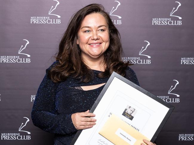 News.com.au political editor Samantha Maiden was awarded the 2021 Graham Perkin Australian Journalist of the Year award at the Quill Awards in Melbourne on March 18, 2022