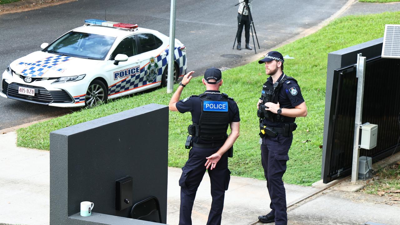 Police officers watch over a crime scene at Mount Sheridan Cairns following the sudden deaths of a man and a woman on May 27. Picture: Peter Carruthers