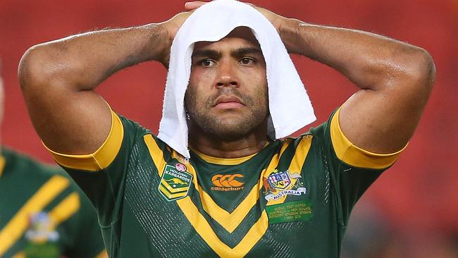 Sam Thaiday looks on in disappointment after a Kangaroos loss to the Kiwis.