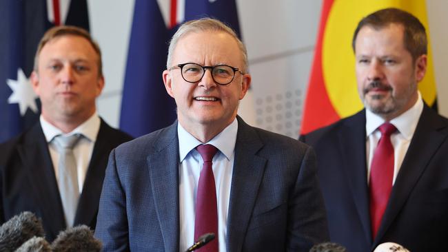 Queensland Premier Steven Miles, left, Anthony Albanese and Industry Minister Ed Husic, in Brisbane this week. Picture: NCA NewsWire/Tertius Pickard