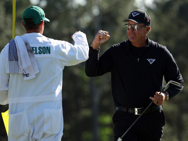 Phil Mickelson celebrates a superb final round at the 18th hole. Picture: Patrick Smith/Getty Images