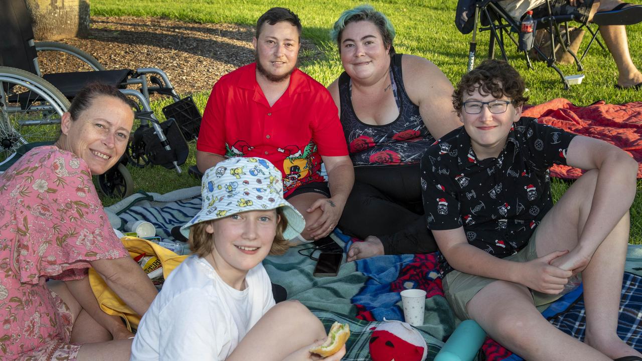 (From left) Amanda Barrow, Lily Newman, Finn Ingleton, Ashley Ingleton and Rowen Newman. Triple M Mayoral Carols by Candlelight. Sunday 8th December, 2024. Picture: Nev Madsen.