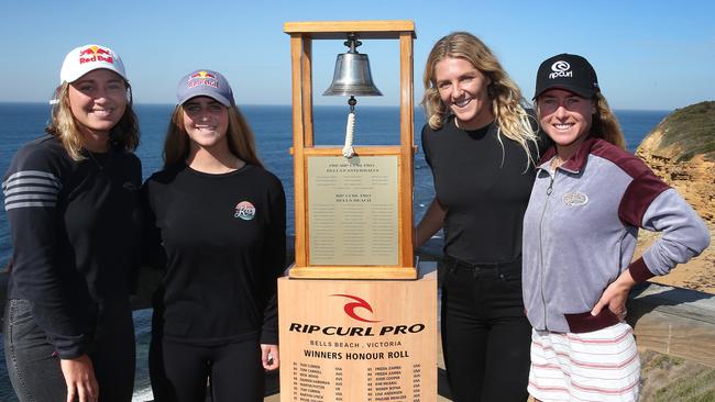 Clarissa Moore, Caroline Marks, Stephanie Gilmore and Nikki Van Dijk with the Bells Beach trophy. Pic: Alison Wynd