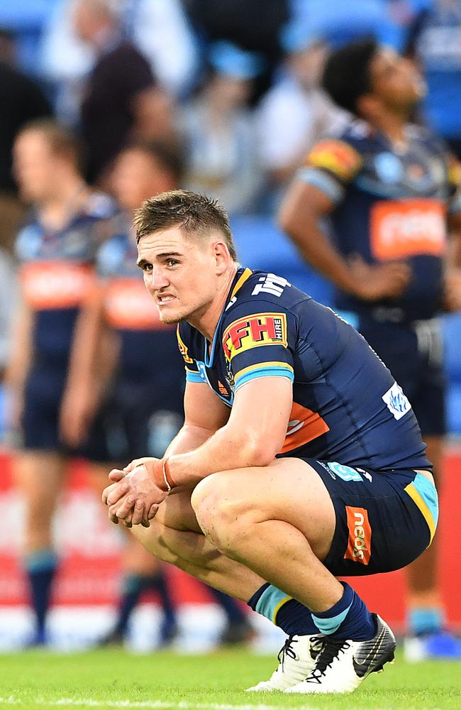 AJ Brimson looks on after letting the game slip against the Bulldogs. Picture: AAP Image/Dave Hunt