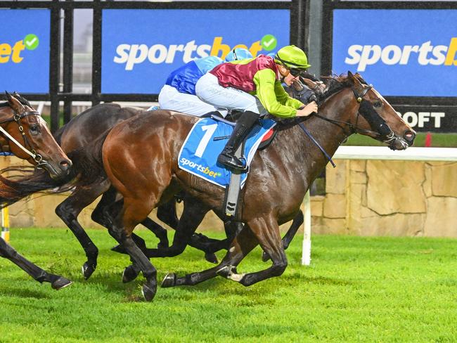 Bons To Riches ridden by Matthew Cartwright wins the Sportsbet Nobody Does It Easier 3YO Mdn Plte at Sportsbet Pakenham on April 18, 2024 in Pakenham, Australia. (Photo by Morgan Hancock/Racing Photos via Getty Images)