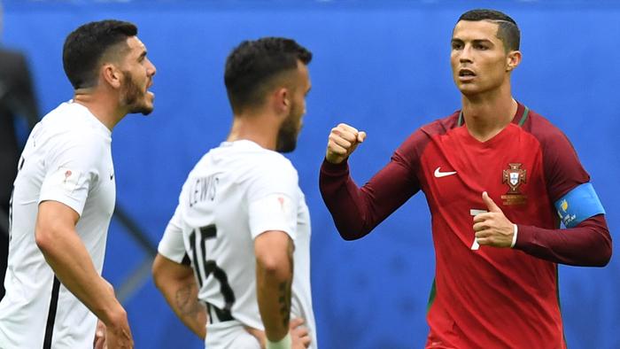 Portugal's forward Cristiano Ronaldo celebrates after scoring a penalty during the 2017 Confederations Cup group A football match between New Zealand and Portugal at the Saint Petersburg Stadium in Saint Petersburg on June 24, 2017. / AFP PHOTO / Kirill KUDRYAVTSEV