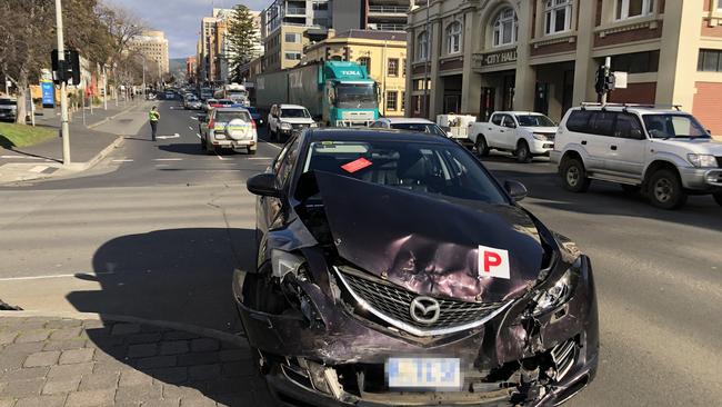 Crash involving an ambulance on the corner of Campbell Street and Macquarie Street in Hobart. Picture: Nikki Davis-Jones