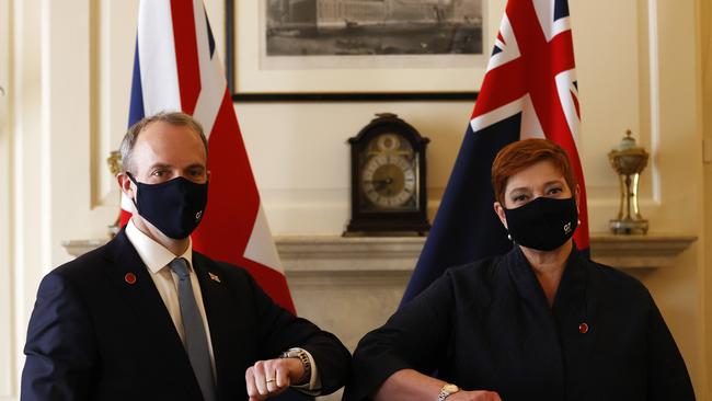 Britain's Foreign Secretary Dominic Raab and Australia's Foreign Minister Marise Payne met this week. Picture: Getty