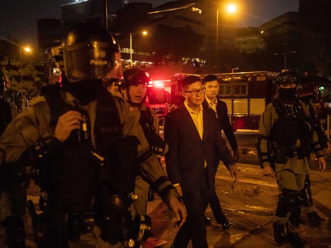 New Hong Kong police chief Chris Tang Ping-keung at the scene of the siege at the Hong Kong Polytechnic University campus. Picture: Getty Images