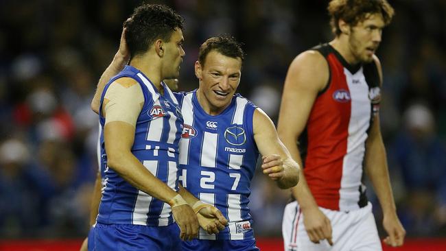 Lindsay Thomas and Brent Harvey celebrate an early goal. Picture: Wayne Ludbey