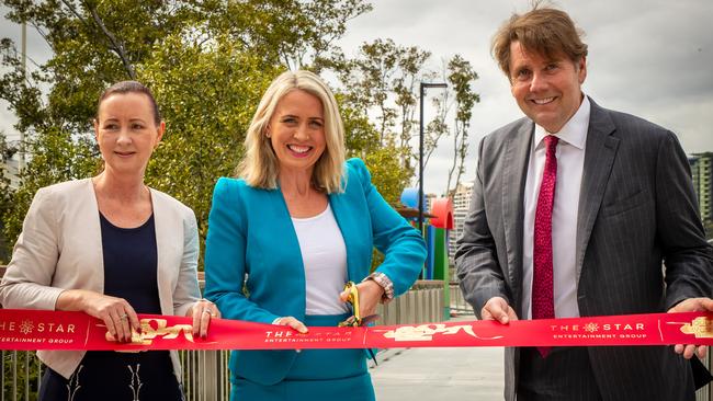 Queensland Attorney General Yvette D’Ath, Queensland Tourism minister Kate Jones and Star chief executive Matt Bekier at the opening of a revitalised bikeway and new riverside park. Picture: Patrick Hamilton