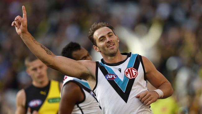 Jeremy Finlayson of the Power celebrates a goal during the round two AFL match between Richmond Tigers and Port Adelaide Power at Melbourne Cricket Ground. Picture: Darrian Traynor/Getty Images