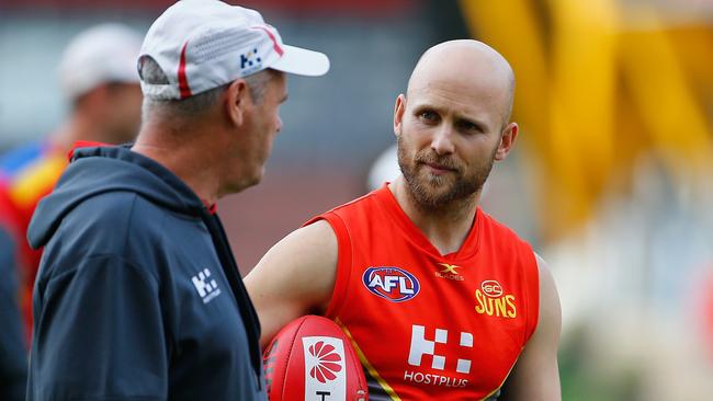 Ablett talks with former coach Rodney Eade. Picture: Getty Images