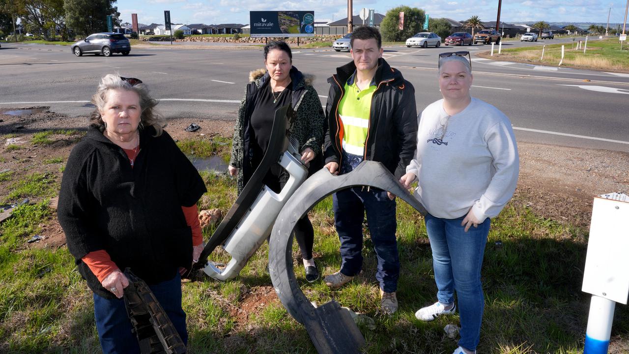 Local residents (LtoR) Bronwyn Coulter, Cathy-Jo Tame, Jon Raymond, and Sarah Baker are campaigning for significant investment into the Playford Council area to fix key roads with debris from a recent accident. Picture Dean Martin