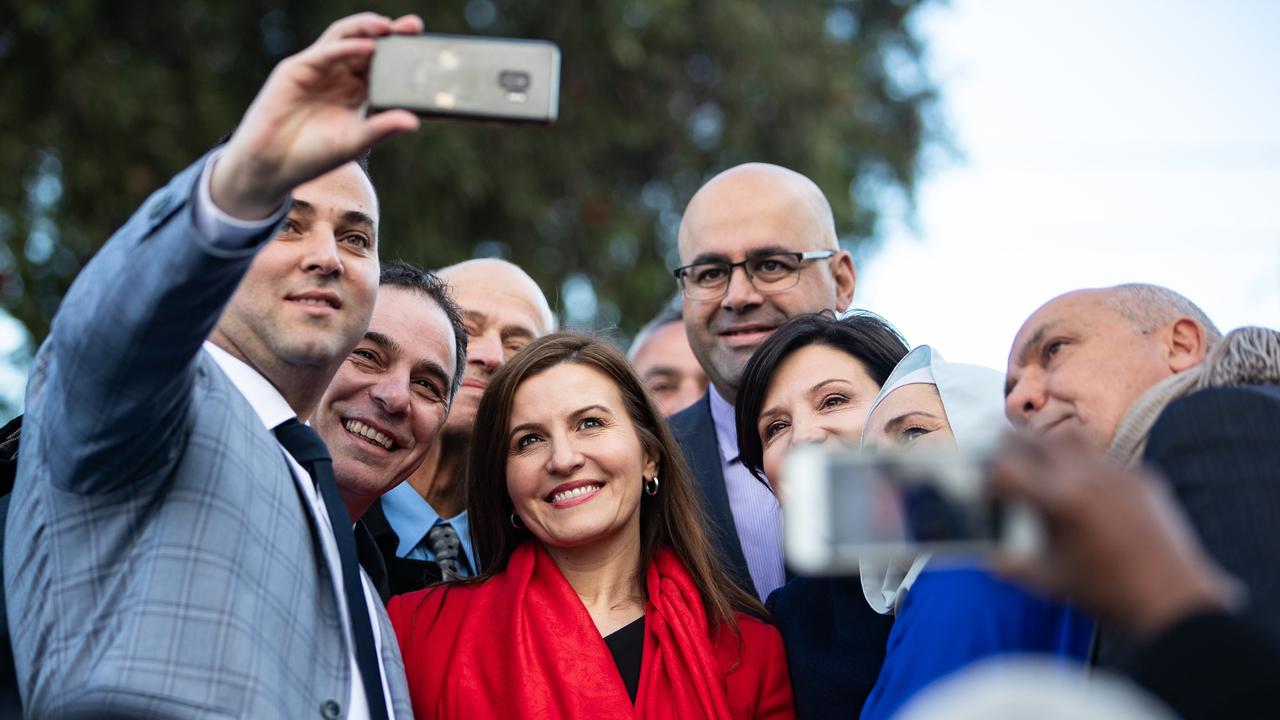 Canterbury Bankstown councillor Bilal El-Hayek, Lakemba state Labor MP Jihad Dib, Bankstown state Labor MP Tania Mihailuk, Canterbury Bankstown Mayor Khal Asfour, NSW Opposition Leader Jodi McKay and Councillor Nadia Saleh (obscured) pose for a photo outside Lakemba Mosque. Picture: Julian Andrews. Photos can be purchased at newsphotos.com.au