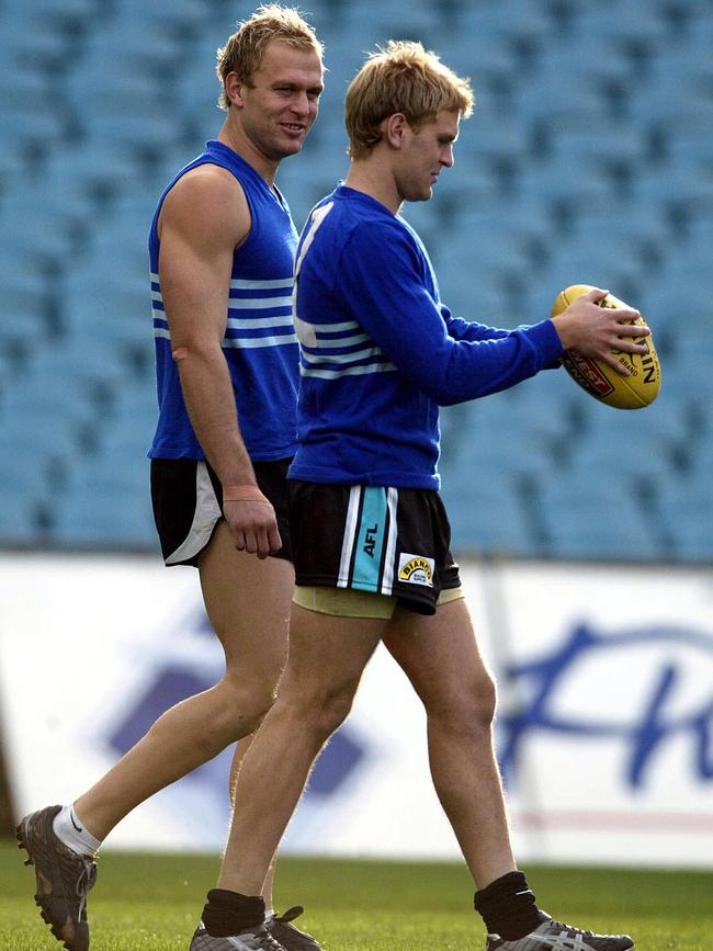 Chad and Kane Cornes at Port Adelaide training in Sacred Heart guernseys in 2004. Picture: Cameron Richardson.