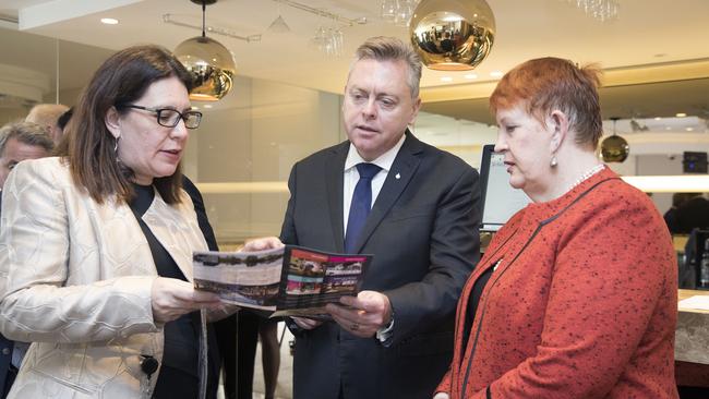 Liverpool Council chief executive Kiersten Fishburn, Planning and Housing Minister Anthony Roberts and Liverpool Mayor Wendy Waller at the rezoning announcement. Picture: Jessica Hromas