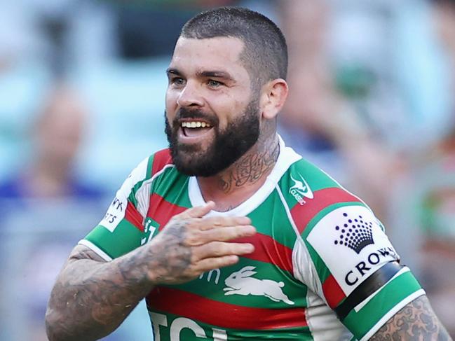 SYDNEY, AUSTRALIA - APRIL 02: Adam Reynolds of the Rabbitohs celebrates scoring a try during the round four NRL match between the Canterbury Bulldogs and the South Sydney Rabbitohs at Stadium Australia, on April 02, 2021, in Sydney, Australia. (Photo by Cameron Spencer/Getty Images)