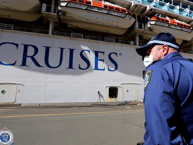 The repatriation process for crew members on board the ill-fated Ruby Princess ahead of the cruise ship's departure from Australian shores. Picture: NSW Police