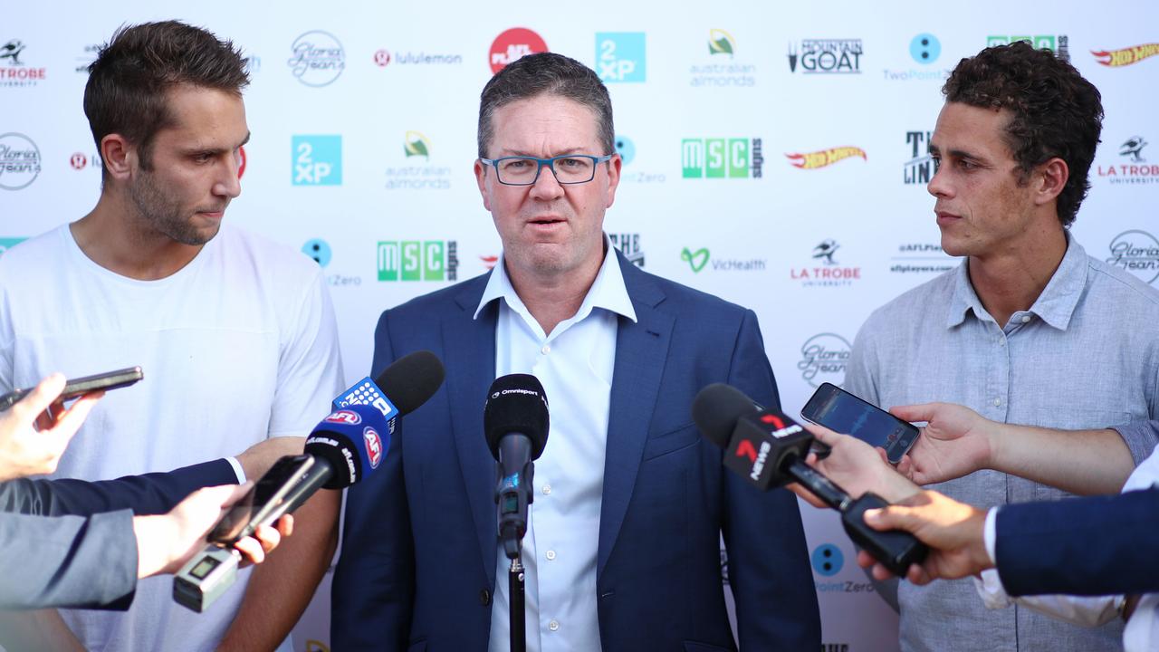 Ed Curnow, AFL Players Association CEO Paul Marsh and Jamie Macmillan speak to the media during the AFL Players Association 2019 AFL Season Launch. Photo by Scott Barbour/Getty Images.