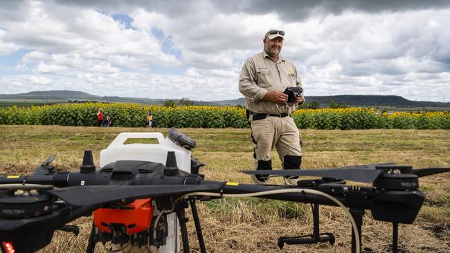 Warraba Sunflowers and Drone Commander Australia owner Roger Woods as the property opens its drone-planted sunflower field to visitors. Picture: Kevin Farmer