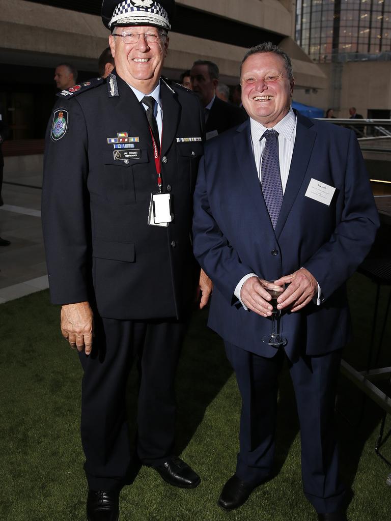 Police Commissioner Ian Stewart and Ray Smith at the Green Deck, Parliament House for the opening night of Queensland’s premier international tech and innovation event QODE. Picture: AAP Image/Josh Woning