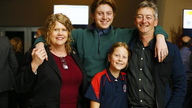 Anna Reynolds and family Jarra, Jess and Mark Horstman are all smiles during the vote count. Picture: MATT THOMPSON