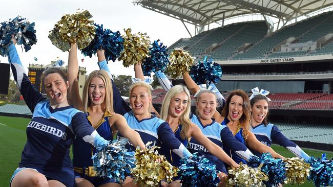 TEAM SPIRIT: Sturt and Eagles cheerleaders Zoe Modugno, Emma Niven, Sarah Blackborough, Danielle Ryan, Chloe Harkness, Tegan Giuffreda and Victoria Galea.      