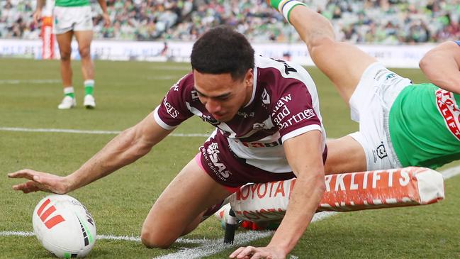 CANBERRA, AUSTRALIA - AUGUST 10: Lehi Hopoate of the Eagles scores a try during the round 23 NRL match between Canberra Raiders and Manly Sea Eagles at GIO Stadium, on August 10, 2024, in Canberra, Australia. (Photo by Mark Nolan/Getty Images)