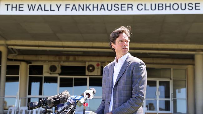 AFL chief executive Gillon McLachlan addresses the media at the home of the Southport Sharks on Thursday Picture: Michael Klein