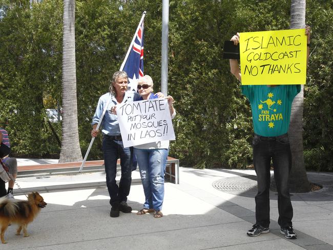 Council meeting about the Currumbin mosque. A few protestors gathered outside. Photo: Kit Wise