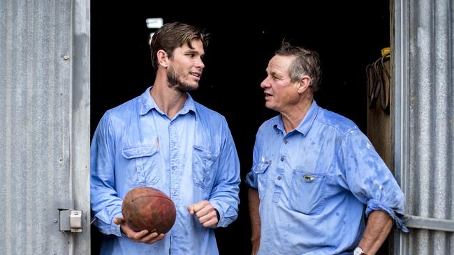 Tom Hawkins on his family farm with dad and Geelong champion Jack Hawkins. Picture: Jason Edwards