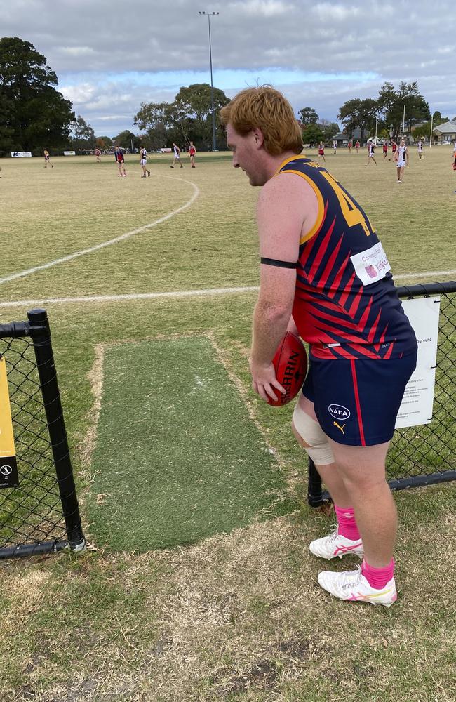 Tough angle: Jordan Hesline kicks one of his six goals from outside the gate. Picture: Andrew Batsch