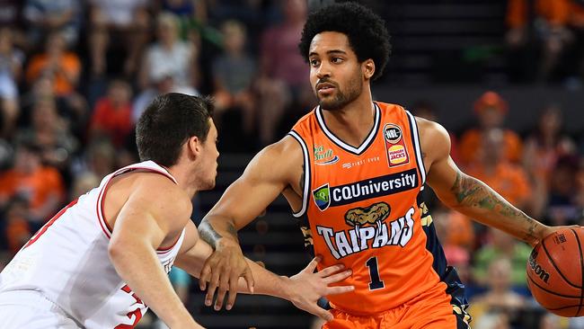 CAIRNS, AUSTRALIA — OCTOBER 21: Melo Trimble of the Taipans looks to get past Marshall Nelson of the Hawks during the round two NBL match between the Cairns Taipans and the Illawarra Hawks at Cairns Convention Centre on October 21, 2018 in Cairns, Australia. (Photo by Ian Hitchcock/Getty Images)