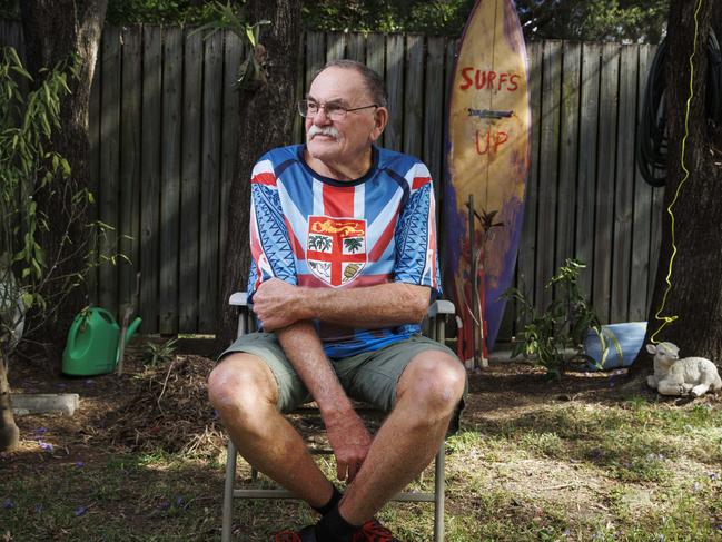 75 year old Malcolm Veigel at home in Corinda. He has been on the waiting list for over five years for shoulder surgery and living in constant pain. Picture Lachie Millard