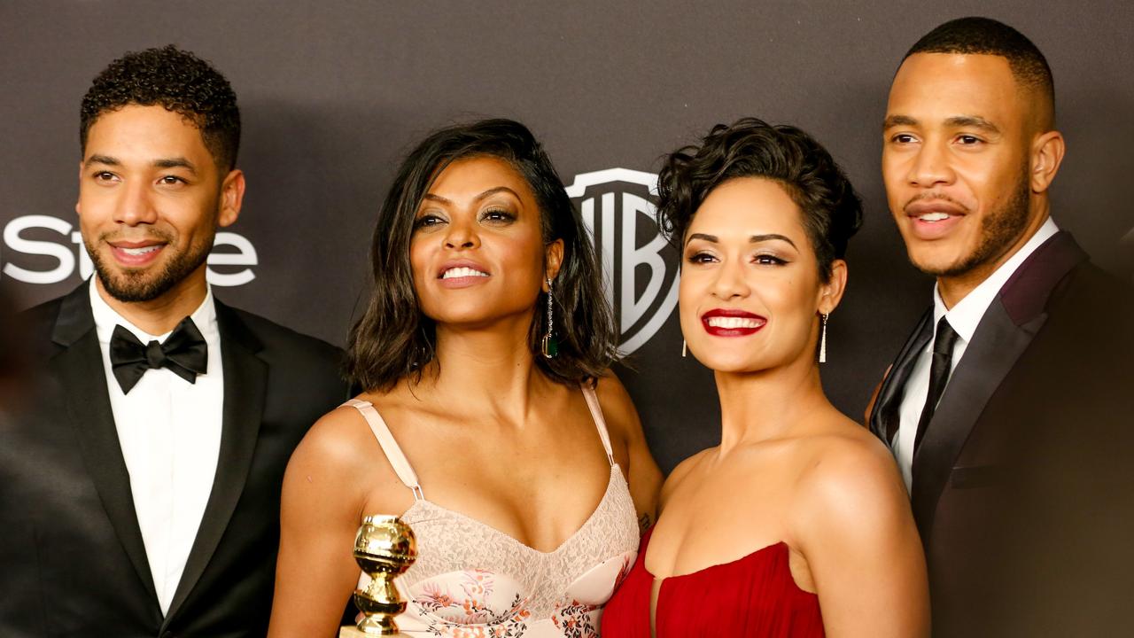 Jussie Smollett (far left) with Empire co-stars Taraji P. Henson, Grace Gealey and Trai Byers. Picture: Splash news