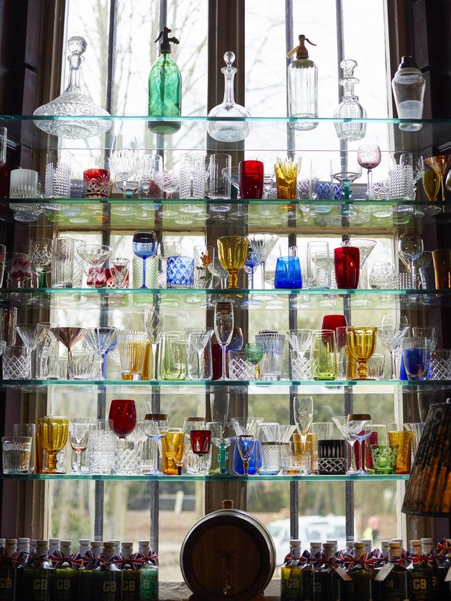 The eclectic glass display in the bar.