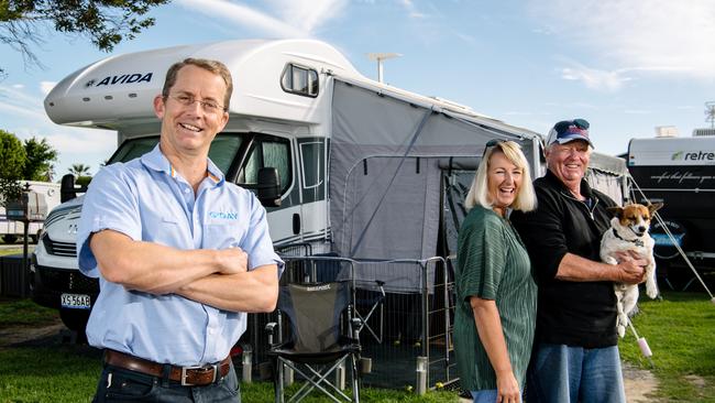 CEO of Discovery Parks Grant Wilckens with Karen, Colin Jackson and dog Saxton at the Discovery Park in Semaphore in Adelaide. Picture: Morgan Sette.