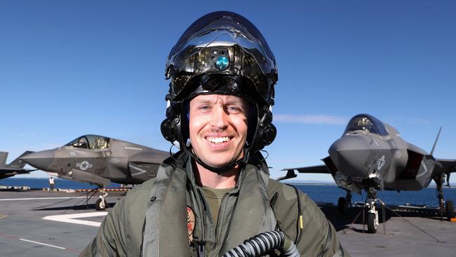 F35 B Joint strike fighter pilot Captain Erik Carlson, call sign ÃSisterÃ, USS America arrives in Brisbane. Picture: Liam Kidston