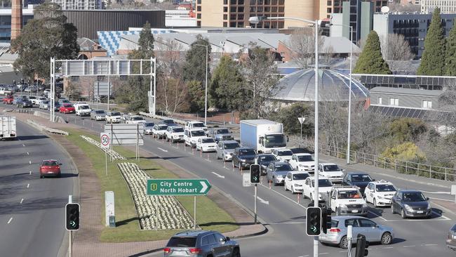 Outbound traffic at a standstill on the approach to the Tasman Bridge. Picture: RICHARD JUPE