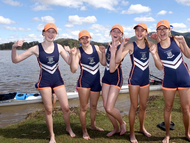 Caitlin Pitt, Daisy Yannakouros, Georgia Lillicrap, Ruby East, Milly Coleman are St Margaretâs year 9 div 5Queensland Schoolgirl Rowing Association Head of the River.Saturday August 27, 2022. Picture, John Gass