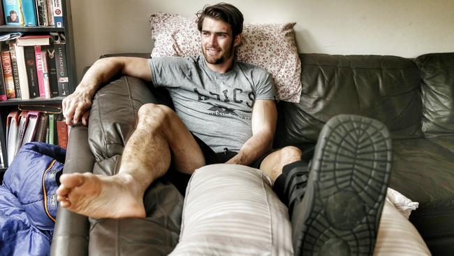 Bulldogs premiership captain Easton Wood at home after having ankle surgery. Picture: Colleen Petch