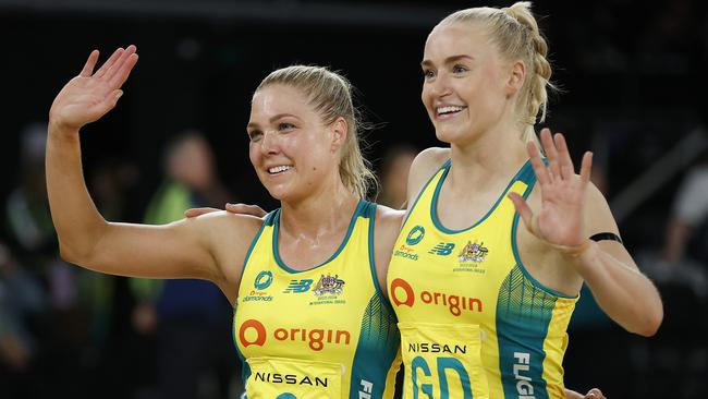 MELBOURNE, AUSTRALIA - OCTOBER 12: Kate Moloney of Australia and Jo Weston of Australia thank fans after winning game one of the 2023 Constellation Cup series between Australia Diamonds and New Zealand Silver Ferns at John Cain Arena on October 12, 2023 in Melbourne, Australia. (Photo by Daniel Pockett/Getty Images)